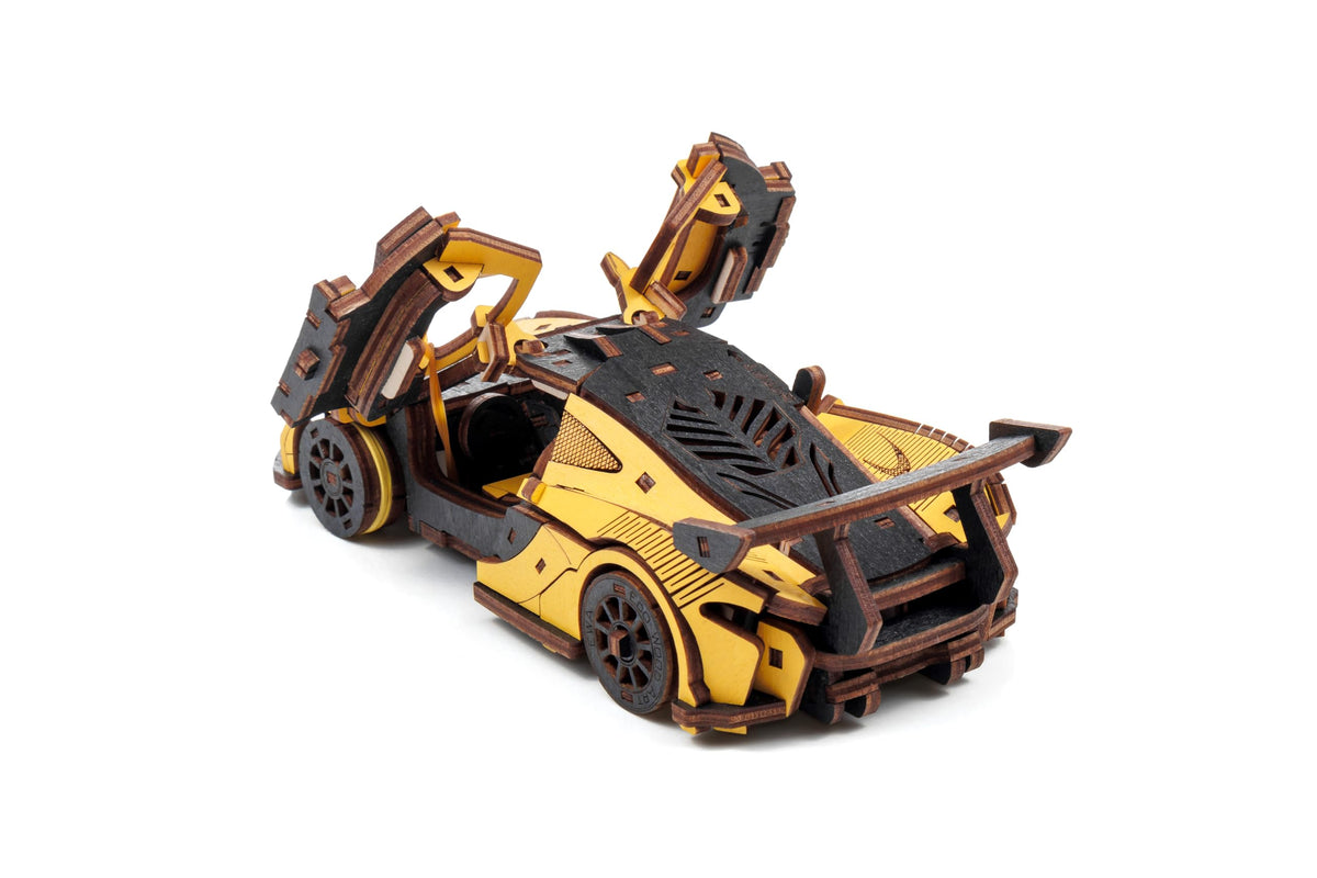 Yellow Racing Car — Mechanical Wooden Model, 237 Pieces