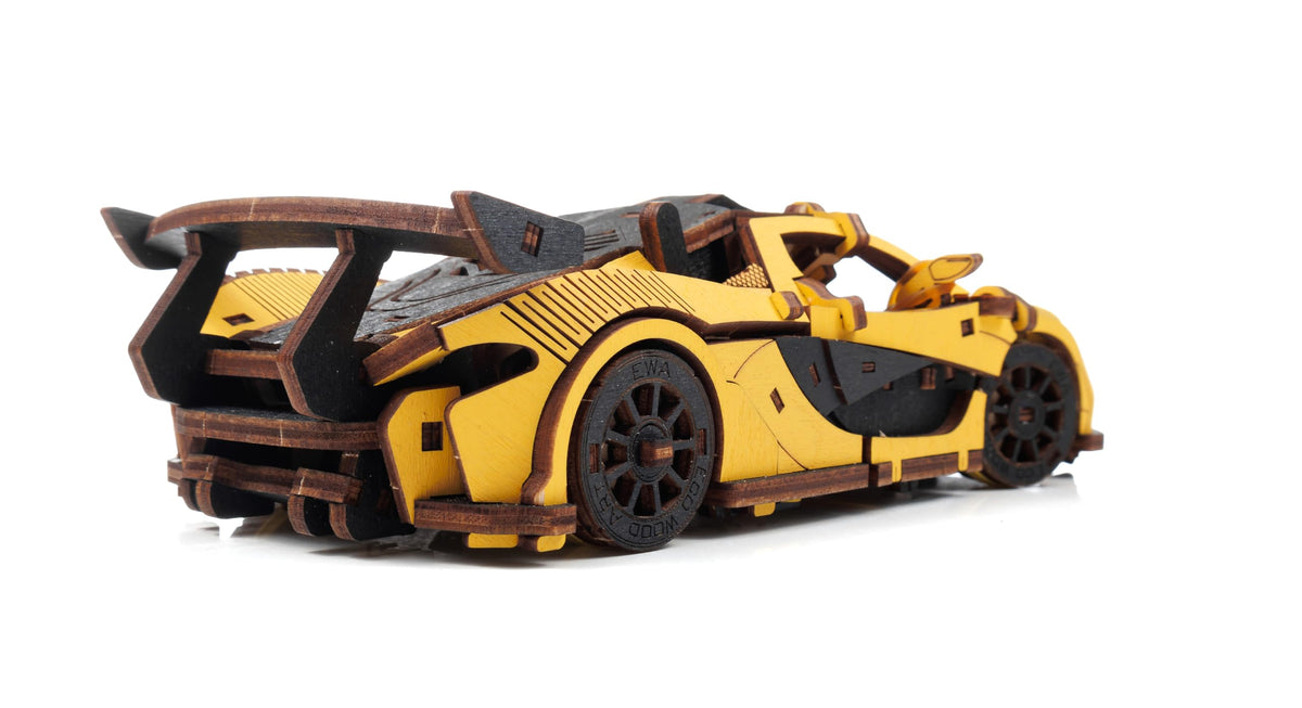 Yellow Racing Car — Mechanical Wooden Model, 237 Pieces