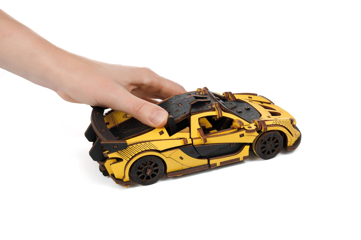 Yellow Racing Car — Mechanical Wooden Model, 237 Pieces