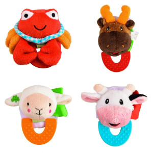 Wristy Buddy Pack of 4, Crab, Moose, Lamb, and Cow Combo Teether for Babies, 0-2.5yrs baby toys, Easy to hold, Soft, Natural Organic Freezer Safe Teethers, Silicone BPA Free Baby Teething Toys