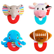 Wristy Buddy Pack of 4, Elephant, Cow, Octopus, and Football Combo Teether for Babies, 0-2.5yrs, Easy to hold, Soft, Natural Organic Freezer Safe Teethers, Silicone BPA Free Baby Teething Toys