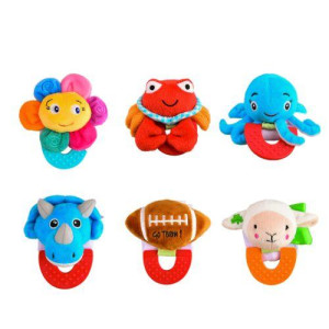 Wristy Buddy Pack of 6, Flower, Crab, Moose, Lamb, Elephant & Cow Combo Teether for Babies, 0-2.5yrs baby toys, Easy to hold, Soft, Natural Organic Teethers, Silicone BPA, Phthalates & Lead-Free Baby Teething Toys