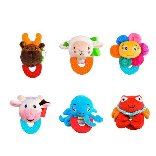 Wristy Buddy Pack of 6, Flower, Crab, Moose, Lamb, Elephant & Dinosaur Combo Teether for Babies, 0-2.5yrs baby toys, Easy to hold, Soft, Natural Organic Teethers, Silicone BPA, Phthalates & Lead-Free Baby Teething Toys