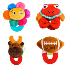 Wristy Buddy Pack of 4, Flower, Crab, Moose, and Football Combo Teether for Babies, 0-2.5yrs baby toys, Easy to hold, Soft, Natural Organic Freezer Safe Teethers, Silicone BPA Free Baby Teething Toys