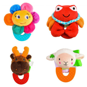 Wristy Buddy Pack of 4, Flower, Crab, Moose, and Lamb Combo Teether for Babies, 0-2.5yrs baby toys, Easy to hold, Soft, Natural Organic Freezer Safe Teethers, Silicone BPA Free Baby Teething Toys