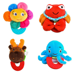 Wristy Buddy Pack of 4, Flower, Crab, Moose, and Octopus Combo Teether for Babies, 0-2.5yrs baby toys, Easy to hold, Soft, Natural Organic Freezer Safe Teethers, Silicone BPA Free Baby Teething Toys
