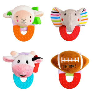 Wristy Buddy Pack of 4, Lamb, Elephant, Cow, and Football Combo Teether for Babies, 0-2.5yrs baby toys, Easy to hold, Soft, Natural Organic Freezer Safe Teethers, Silicone BPA Free Baby Teething Toys