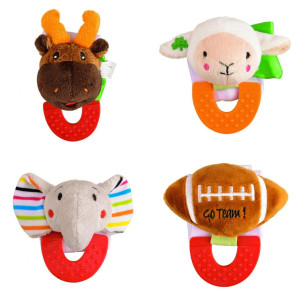Wristy Buddy Pack of 4, Moose, Lamb, Elephant, and Football Combo Teether for Babies, 0-2.5yrs, Easy to hold, Soft, Natural Organic Freezer Safe Teethers, Silicone BPA Free Baby Teething Toys