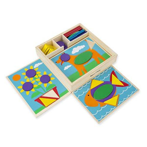 Melissa & Doug Beginner Wooden Pattern Blocks Educational Toy With 5 Double-Sided Scenes and 30 Shapes