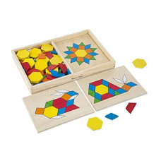 Melissa & Doug Pattern Blocks and Boards - Classic Toy With 120 Solid Wood Shapes and 5 Double-Sided Panels, Multi-colored - STEAM Toy, Wooden Pattern Blocks Animals, Tangrams Puzzle For Kids Ages 3+