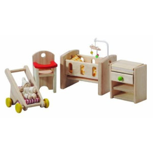 PlanToys Wooden Classic Line of Dollhouse Furniture - Nursery with Baby (7329) / Sustainably Made from Rubberwood and Non-Toxic Paints and Dyes