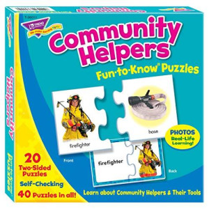 TREND ENTERPRISES: Fun-to-Know Puzzles: Community Helpers, Learn About Community Helpers & Their Tools, 20 Two-Sided Puzzles, Self-Checking, 40 Puzzles Total, For Ages 3 and Up