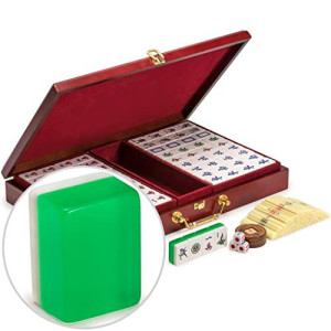 Yellow Mountain Imports Classic Chinese Mahjong Game Set - Emerald - with 148 Translucent Green Tiles and Wooden Case