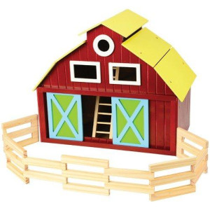 Constructive Playthings Wooden Barn with Removable Roof, Sliding Front and Side Doors, Ladder and Wooden Fencing for Ages 3 and Up