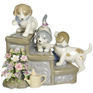 Cosmos SA49111 Fine Porcelain Three Puppies on Garden Steps Musical Figurine, 5-7/8-Inch,Multicolor