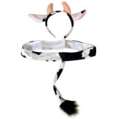 Kids Plush Black & White Cow Headband Ears and Tail, Black, White, Size One Size