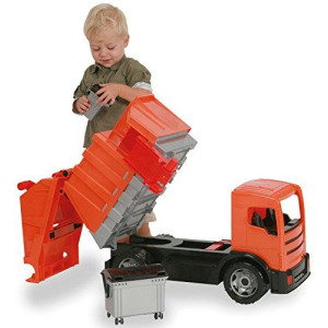 LENA Powerful and Giant Orange Garbage Truck Toys for Kids, Manually Operated and Easy Dumping