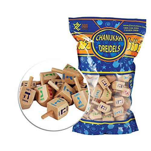 Zion Judaica Wood Dreidels Medium Sized Bulk Pack Wooden Hanukkah Dreidles in Ziplock Bag Chanukah Fun Game (100 Pack)