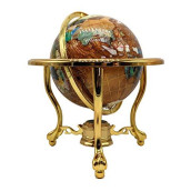 Unique Art Since 1996 14" Tall Amber Pearl Gold Stand Gem Gemstone World Map Globe Globes Maps