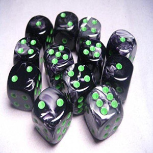 Chessex Dice D6 Sets: Gemini Black/Grey/Gray with Green - 16Mm Six Sided Die (12) Block of Dice, Multicolor