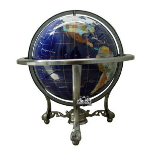 Unique Art 21-Inch Tall Blue Lapis Ocean Table Top Gemstone World Globe with Silver Tripod and Separated State Stones