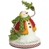 Smiling Snowman Figurine with Christmas Trees and "Happy Holidays"