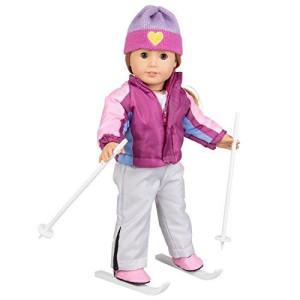 Skiing Winter Doll Outfit for American 18" Girl Dolls - 7 Piece Premium Handmade Clothes Set Costume Includes Shirt, Hat, Ski Pants, Ski Jacket, Boots, Poles, & Detachable Skis