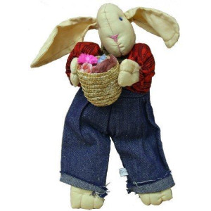 Rabbit Rag Doll 11 Inches with Blue Jean Overalls and Red Plaid Shirt with Basket