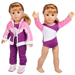 Gymnastics Doll Outfit for American 18" Girl Dolls (4 Piece Set) - Sports Premium Costume Handmade Clothes Include Leotard, Warm-Up Pants & Jacket, Sneakers - Premium Apparel for Doll