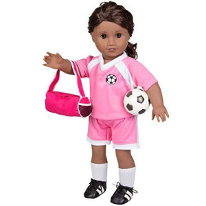 Dress Along Dolly Soccer Uniform 6 Pc Premium Handmade Outfit for American Girl, Kindred Hearts, Adora, Our Generation and All 18 inch Dolls - Clothes Accessories Set