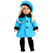 DreamWorld Collections - Parisian Stroll - 4 Piece Outfit - Blue Fleece Coat with Matching Beret, Black Leggings and Boots - Clothes Fits 18 Inch Doll (Doll Not Included)