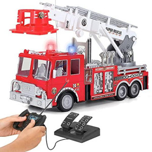 13-Inch Big RC Rescue Fire Engine Truck Remote Control Toy with Foot Pedal Control, Extending Ladder, Flashing Lights and Sounds