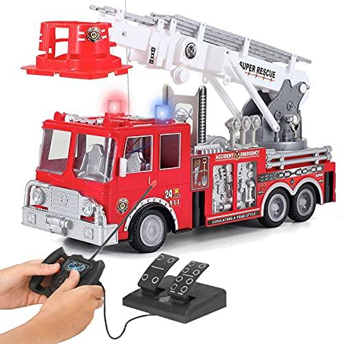 13-Inch Big RC Rescue Fire Engine Truck Remote Control Toy with Foot Pedal Control, Extending Ladder, Flashing Lights and Sounds