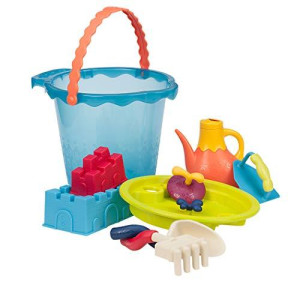 B. Toys  Shore Thing  Large Beach Playset  Large Bucket Set (Sea Blue) with 11 Funky Sand Toys for Kids  Phthalates Free  18 M+