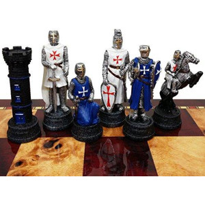 Medieval Times Crusades Knight Blue and White Set of Chess Men Pieces Hand Painted With Maltese Cross - no Board