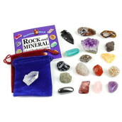 Dancing Bear Rock and Mineral Geology Education Collection - 18 Pcs of Gem Stones w Identification Book. Box and 2 Velvet Pouches Included! Geology Gem Kit for Kids