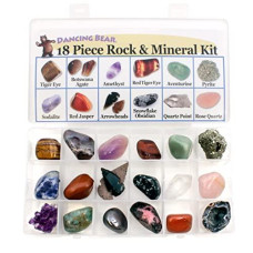 Rock and Mineral Educational Collection & Deluxe Collection Box -18 Pieces with Description Sheet and Educational Information. Limited Edition, Geology Gem Kit for Kids with Display Case, Dancing Bear
