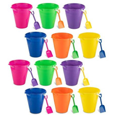 4E's Novelty 9" Large Sand Bucket With Shovel [12 Pack Bulk] Beach Buckets - Beach Toys for Kids & Toddlers, Party Favors
