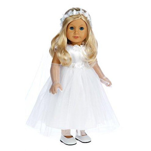 Little Angel - 4 Piece Outfit - White Satin and Tule First Communion Dress with Long Gloves, Veil and White Shoes - 18 Inch Doll Clothes (Doll not Included)