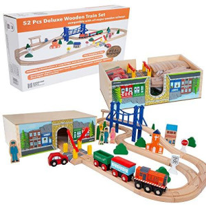 Orbrium Toys 52 Pcs Deluxe Wooden Train Set with Dual-use Storage Box/Tunnel Compatible with Thomas Wooden Railway, Brio, Chuggington