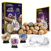 NATIONAL GEOGRAPHIC Break Open 15 Premium Geodes - With Goggles, Detailed Learning Guide, 3 Display Stands, Great Stem Science Toy & Educational Gift, Easter Basket Stuffers