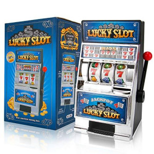 Casino Lucky Slots Jackpot Mini Slot Machine Bank with Spinning Reels for Kids and Adults