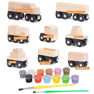 8 Unpainted Train Cars with 12 Colors Paint and Paint Brushes Set for Wooden Railway Compatible with Thomas, Chuggington, Brio, Great for Birthday Party Train Theme
