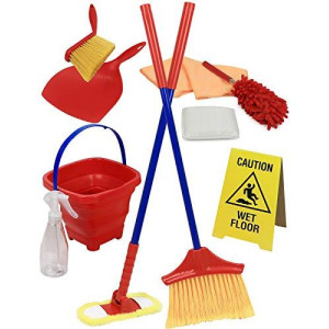 Click N' Play Pretend Play Housekeeping Cleaning Set for Kids, Includes Broom Dustpan Duster Mop Collapsible Bucket Sponge & More (Set of 10)