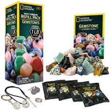 NATIONAL GEOGRAPHIC Rock Tumbler Refill Kit - Gemstone Mix of 9 varieties including Tiger's Eye, Amethyst and Quartz - Comes with 4 grades of Grit, Jewelry Fastenings and detailed Learning Guide