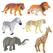 Lchen Animals Figure, 4" Zoo Safari Plastic Model Tiger Leopard Lion Giraffe Zebra Elephant Toy(Pack of 6)