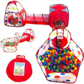 Playz 5-Piece Kids Play Tents Crawl Tunnels and Ball Pit Popup Bounce Playhouse Tent with Basketball Hoop for Indoor and Outdoor Use with Red Carrying Case