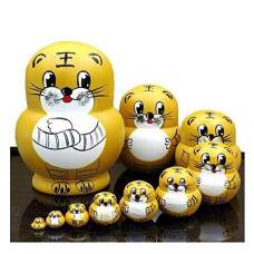 LK King&Light 10pcs Golden Tiger Russian Nesting Dolls Matryoshka Wooden Toys