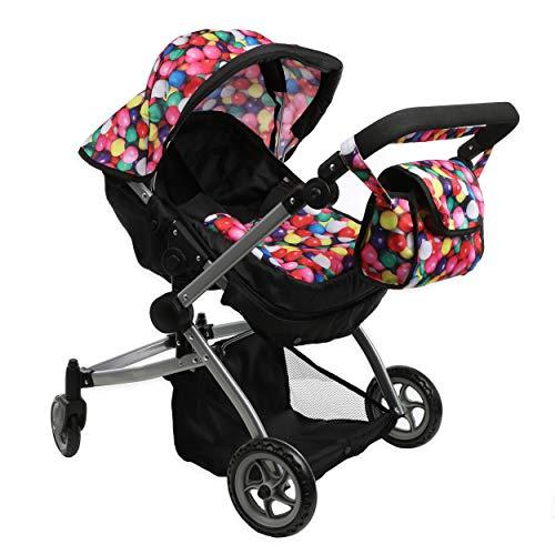 Mommy & Me Babyboo Deluxe Twin Doll Pram Foldable Doll Stroller with Convertible Seat, Swiveling Wheels, Adjustable Handle, and Free Carriage Bag, Gumball & Black (Multi Function) - 9651A