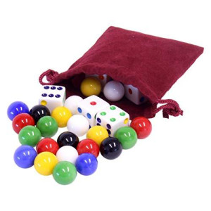 Game Bag of 24 Replacement Glass Marbles (9/16" Diameter) and 6 Dice for Aggravation Game